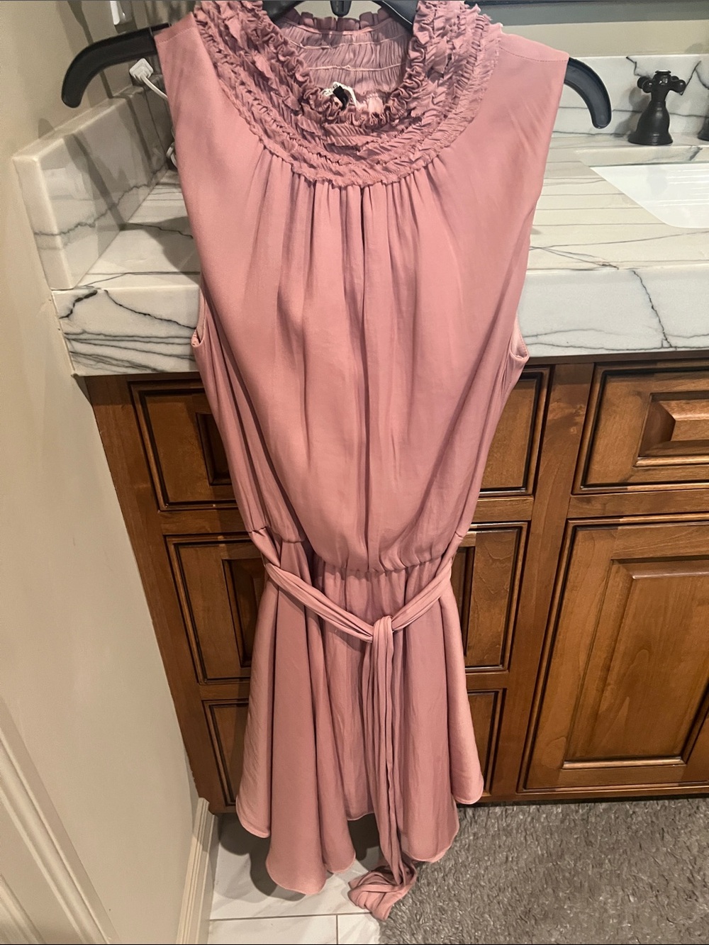 Halston Heritage Dusty Pink Sleeveless Ruffled-Neck Mini Dress with Tie Waist